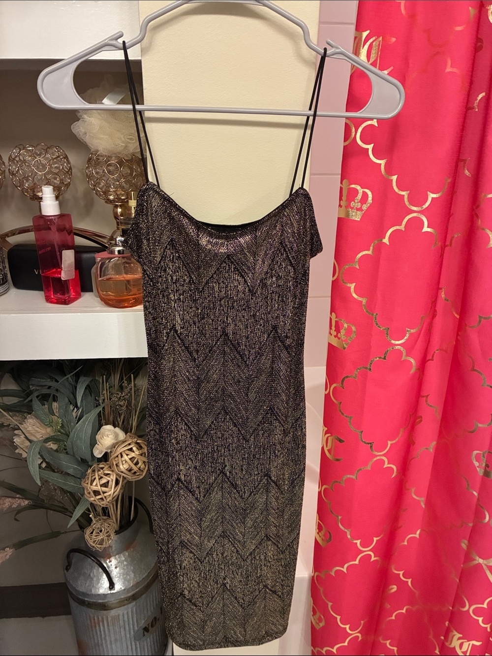 Metallic Black and Gold Mini Slip Dress with Spaghetti Straps
